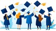 © loxia stock image - Six graduates in caps and gowns throwing their caps in the air.