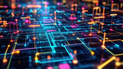 Leinwandbilder - Glowing digital grid with abstract waveforms and nodes representing high-tech infrastructure and processes