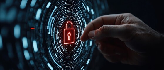 An engaging visual representation of cybersecurity concepts featuring a hand interacting with a digital lock symbol, emphasizing the importance of protection and data integrity in technology.