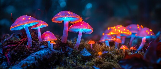 Glowing mushrooms in magical forest scene.