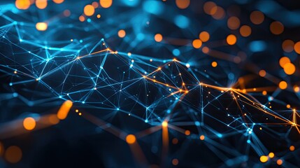 Poster - Glowing geometric shapes and abstract data particles in a high-tech digital space representing futuristic tech processes