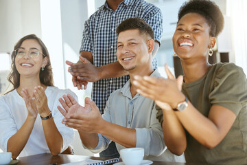 Aufkleber - Excited, business people and meeting with applause for congratulations, promotion or presentation at office. Happy, young group or employees clapping with smile for winning or teamwork at workplace
