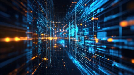 Poster - High-tech glowing grid and abstract geometric shapes representing digital transformation and technology processes