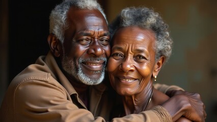 Elderly African couple hugging, smiling in great mood at home