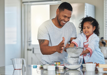 Canvas Print - Baking, flour and dad with child in kitchen for cake, sweet treats and dessert for relationship, bonding and fun. Family, home and father with girl and ingredients, recipe or learning skills together