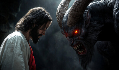 Intense confrontation between a serene figure resembling Jesus and a menacing demon, symbolizing the eternal struggle between good and evil