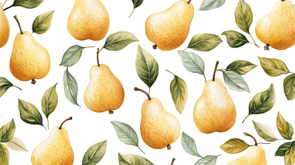 A pattern featuring yellow pears and green leaves on a white background