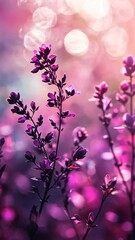 Poster - Purple flowers in soft bokeh light, enchanting nature background. Dreamy floral art concept
