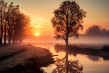 Canvas Print - Foggy dawn landscape sunlight outdoors sunset.