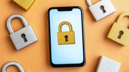 Poster - A cell phone with a lock on it. There are several locks in the background. The phone is on a table