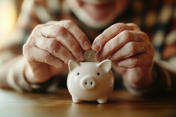 An elderly man carefully places coins into a piggy bank, symbolizing saving, financial planning, and retirement security, concept.