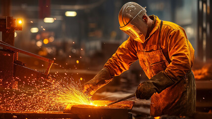 a worker in protective gear pouring molten metal, creating sparks in an industrial setting