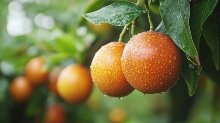 Wall Mural - Raindrop-Kissed Oranges on Tree