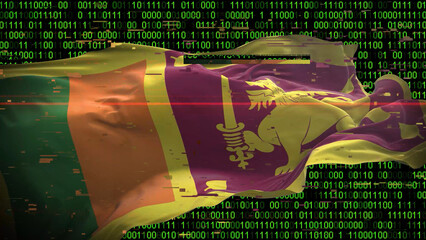 Binary code on flag of Sri Lanka. Program source code or Hacker concept on Sri Lankan flag. Sri Lanka digital technology security, hacking or programming
