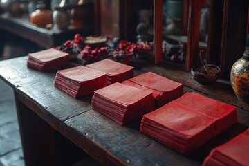 chinese new year decorations, elaborately crafted red envelopes with symbols of prosperity scattered on an old wooden table for chinese new year