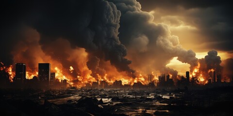 A cityscape engulfed in flames, the sky choked with smoke and ash, a chilling reminder of the destructive power of fire