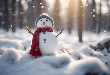 A cheerful snowman adorned with a  hat and scarf in a snowy forest at sunset, radiating winter joy and playfulness