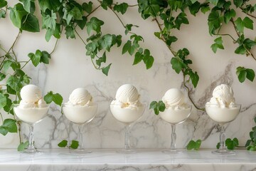 Wall Mural - gourmet dessert presentation, cottage cheese ice cream served in charming glassware on a marbled counter, adorned with cascading ivy