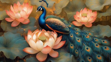 Poster - Majestic Peacock Among Lotus Flowers