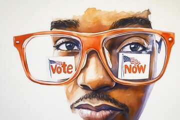 A vibrant illustration featuring a man wearing orange glasses with reflections urging to 