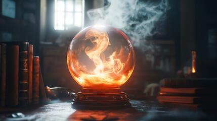 Crystal ball with occult equipment and mysterious smoke. Magical header