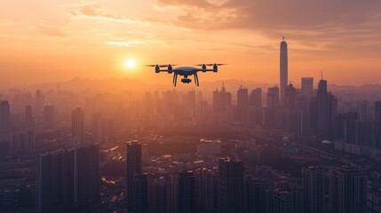 Futuristic Drone Flying Over City Skyline at Sunset