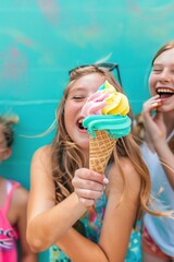 A teenage girl with a mischievous grin giggles as she enjoys a cone of rainbow-colored sherbet with friends against a backdrop of a light turquoise background