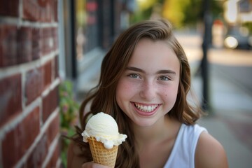 Joyful dark-haired teenage girl relishing a tempting chocolate-dipped ice cream treat