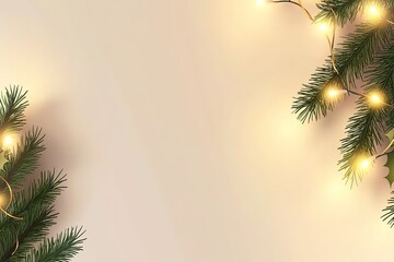 Festive pine branches with warm lights on beige