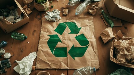 Recycle Symbol on Crumpled Paper Bag with Waste