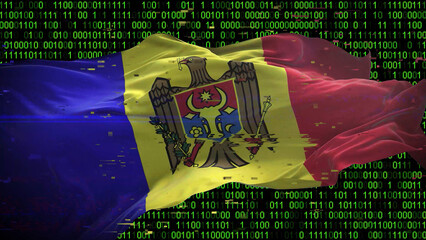 Binary code on flag of Moldova. Program source code or Hacker concept on Moldovan flag. Moldova digital technology security, hacking or programming