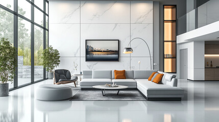 Bright and modern living room with large windows, minimalistic furniture, and a serene view of a city skyline., Photo interior modern design room 3d illustration.