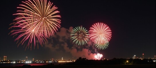 A lively display of colorful fireworks lights up the holiday night sky setting a festive mood