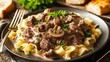 Savory Beef Stroganoff with Mushrooms and Creamy Sauce Over Egg Noodles