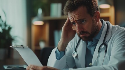 Puzzled doctor carefully reviewing medical records, sitting in an office with soft natural lighting, blurred office interior in the background