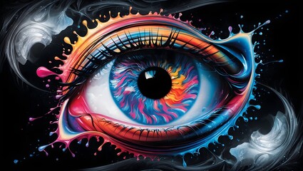 Colorful eye. Abstract hipnotizing eye. A painted artwork pop art style. Colorful eye with abstract background. Psychedelic eye painting, Colorful eye painting.  Single Eye Gazes Out from a Vibrant BG