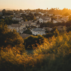 Suburban Homes at Sunset with Lush Greenery and Scenic Landscape