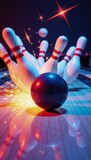 A brightly colored cartoony image of a bowling ball knocking over pins in an alley