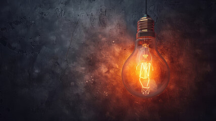 Poster - A vintage-style light bulb hangs from a cord, casting a warm glow against a dark, textured backdrop. The filament inside shines brightly, creating an inviting atmosphere in the surroundings.