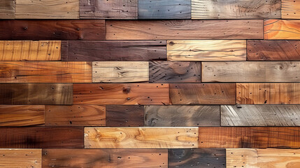 Poster - The image features a collection of wooden panels arranged in a patchwork design, displaying an array of rich colors and distinct textures, perfect for interior decoration or rustic design.
