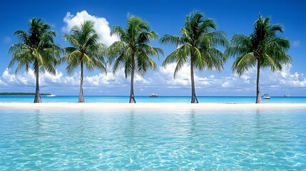 Five palm trees on a white sand beach with blue water and sky.