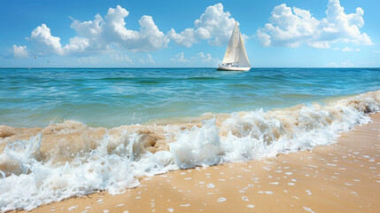 Wall Mural - A sailboat glides quietly across the calm turquoise waters of the ocean, while gentle waves wash ashore on a sandy beach beneath a bright blue sky dotted with clouds.