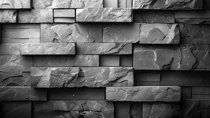 Poster - A detailed view of a slate stone wall featuring a mix of dark and light stones arranged in varying shapes and textures, creating a sophisticated and modern appearance suitable for interior design.