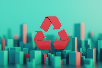 Red recycle symbol floats above abstract cityscape