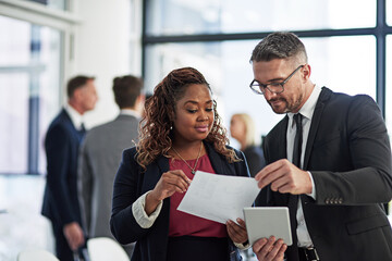 Poster - Document, tablet and business people in office with discussion, ideas or planning online report together. Man, woman and digital app in meeting with advice, schedule or support in corporate teamwork