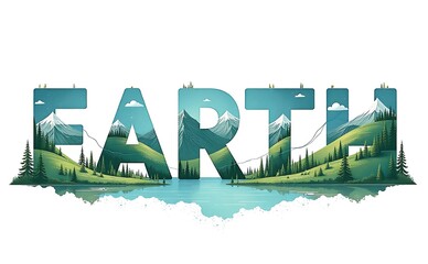 Earth word with mountains and forest on white background.