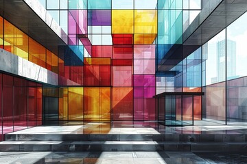 Poster - The structure showcases a stunning arrangement of colorful glass panels, casting bright reflections and shadows on the concrete surfaces.