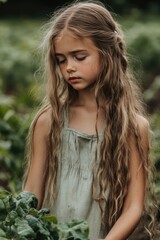 Canvas Print - Girl holding plant in field