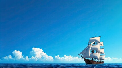 Wall Mural - sailing ship on calm ocean under a clear blue sky.