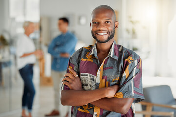 Poster - Portrait, African and businessman in office with confidence, smile and pride as creative designer. Male person, happy and arms crossed in digital agency, firm or coworking as professional in Ethiopia